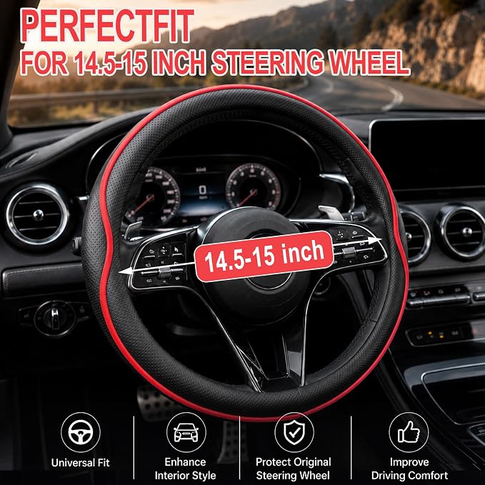 Car Steering Wheel Cover Full Surround - Soft Breathable Anti-Slip Heavyweight Safety Cover, Thick Cushioned Sports Style Universal Fit for Auto Truck SUV (Black/Red)