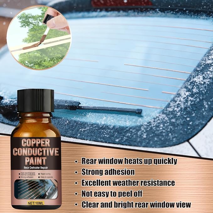 Rear Defroster Repair Kit, Copper Conductive Paint for Repairing Rear Window Defroster Screens with Brush Wipes Masking Paper Strong Adhesion and Fast Repair Performance, 10 Ml