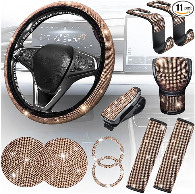 11PCS/Set Bling Car Accessories Set for Women, Rhinestone Vehicle Steering Wheel Cover Seat Belt Cushion Gear Shift Protector Cup Holder Coaster, Universal Automotive Accessories (Champange)