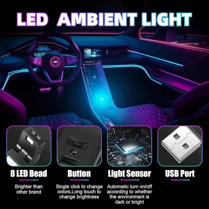 2 Pcs Mini USB LED Light Car LED Interior Lighting 5v RGB Foldable Ambient Lighting Adjustable 8 Color and Brightness Smart USB Night Lamp for Cars Laptop Keyboard (USB-A)