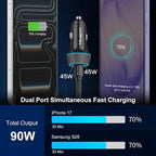 2 Pack 90W USB C Car Charger Super Fast Charging for iPhone 17 Pro Max/Air/16/15/iPad, Samsung S26 Android Phone, Dual 45W PD Port Auto Accessories, 12V Cigarette Lighter Adapter + 5 ft Type C Cord