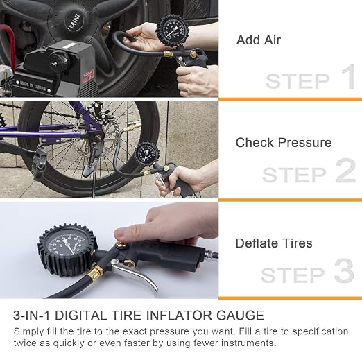Tire Pressure Gauge with Inflator, 100 PSI-ANSI B40.1 Accurate, Large 2.5" Easy Read Glow Dial, Heavy Duty Air Chuck and Compressor Accessories for Truck, with Case