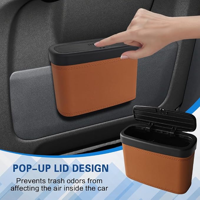 Car Trash Can with Lid, Car Trash Bin, Leakproof Vehicle Garbage Can with 30PCS Garbage Bags, Waterproof Auto Hanging Dustbin Storage Bag Container Accessories Fit SUV Office Home (Brown-1PCS)