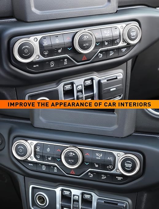 Climate Control Panel Knob Trim Kit & Light Control Switch Cover, Air Conditioner Knob Aluminum Alloy Ring for 2018-2024 Jeep Wrangler JL JLU & Gladiator JT, Interior Accessories, Silver