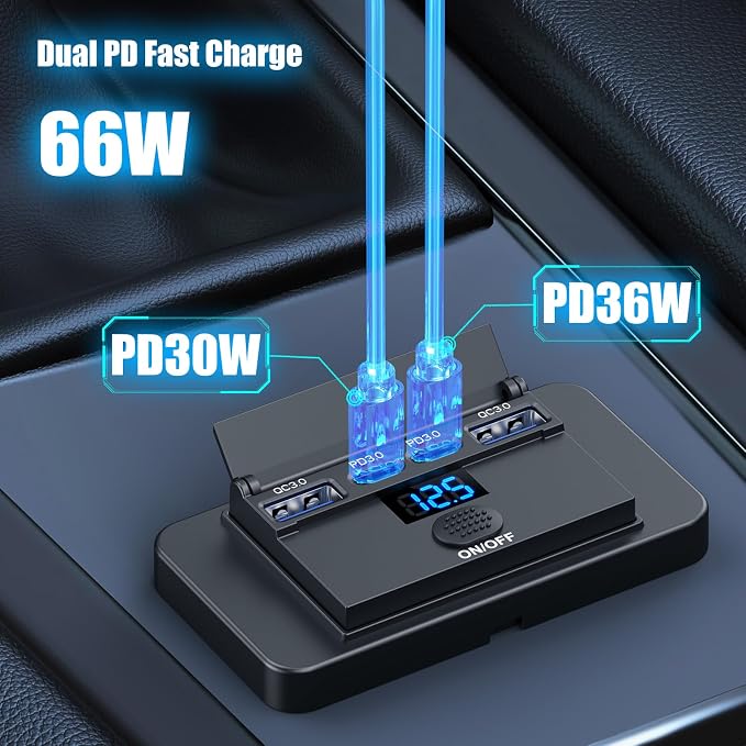 2 Pack 12V USB Outlet Surface Mount 4 Port with Voltmeter, Dual PD 36W and QC3.0 18W Car USB Port Lightweight Charger Socket Replacement Panel with Button Switch for Boat Bus Marine RV Truck Golf Cart