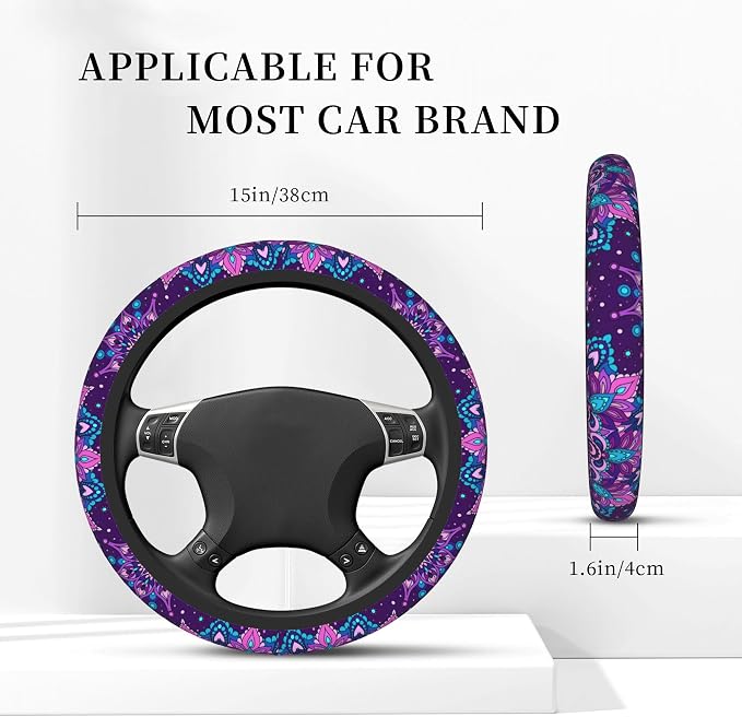 Purple Galaxy Flower Steering Wheel Cover for Women Girls Abstract Mandala Floral Universal 15 Inch Auto Neoprene Case Anti-Slip Car Wheel Protector