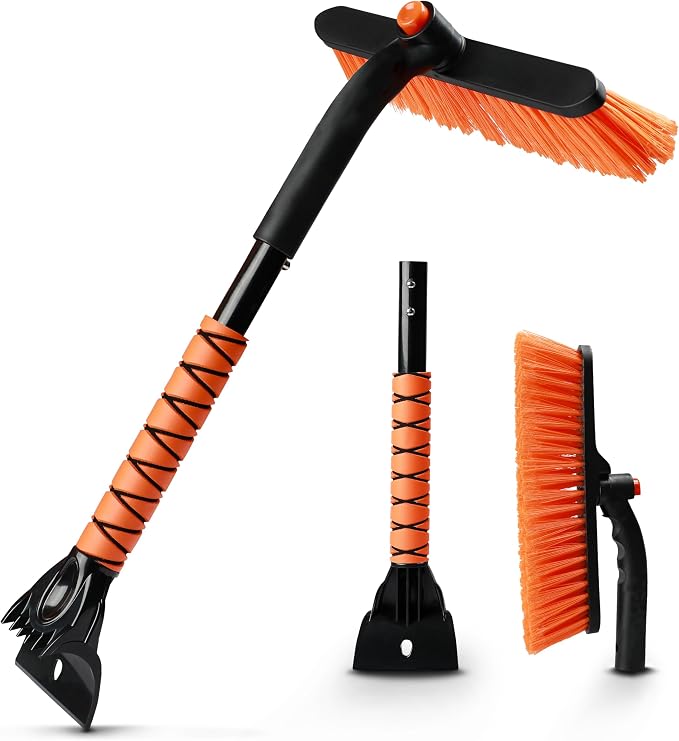 27" 3 in 1 Snow Brush with ice Scraper for car Windshield and Window | 360° Aluminum Rotatable Snow Brush for car | Winter Snow Removal Tools with Detachable Foam Grip | Winter Car Accessories