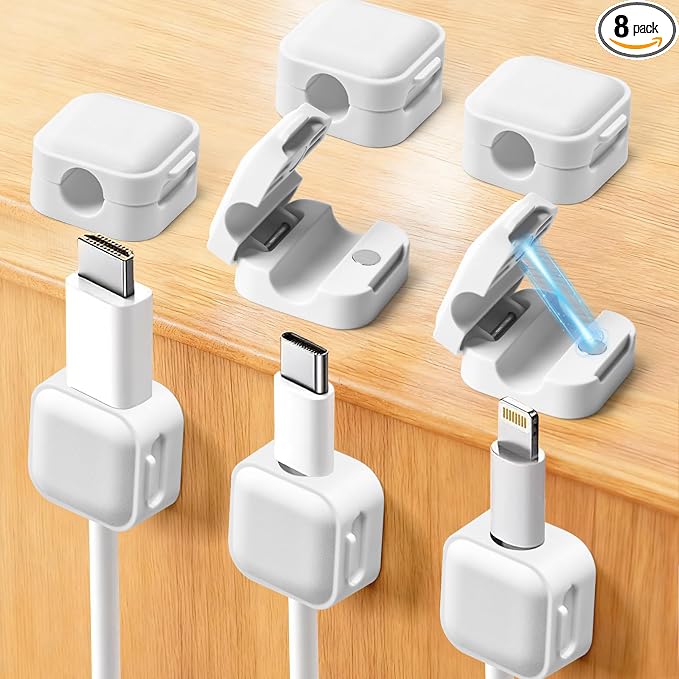 8 Pack Magnetic Cable Clips, White Cable Management Accessories, Cord Smooth Adjustable & Adhesive Backing Cord Organizer for Office Home Organization, Desk, Wall, Nightstand, Phone, Car
