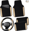 Faux Leather Steering Wheel Cover and Waterproof Car Floor Mats,Universal Car Combo Fit for 95% Sedan,SUV,Cars,14.5-15inch Sporty Anti-Slip Safety Comfortable Design(Black＆Beige)