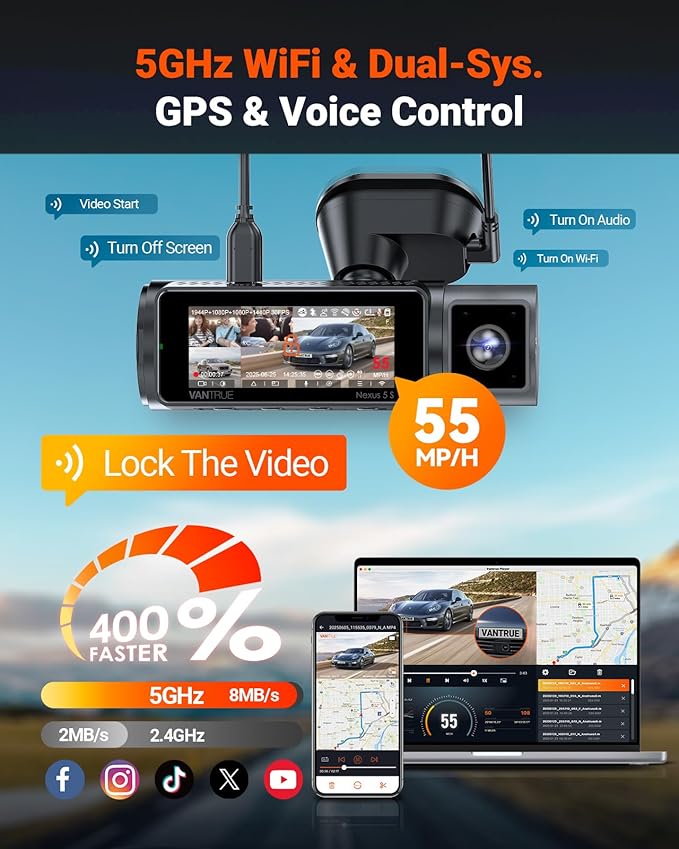N5S 4 Channel 360 Degree 2.7K Dash Cam, 4CH STARVIS 2 Night Vision, 2.7K+1080P*2+1440P Front Rear Inside Dashcam, 24/7 Buffered Parking Mode, WiFi, Voice Control, Dual GPS, Support 1TB Max