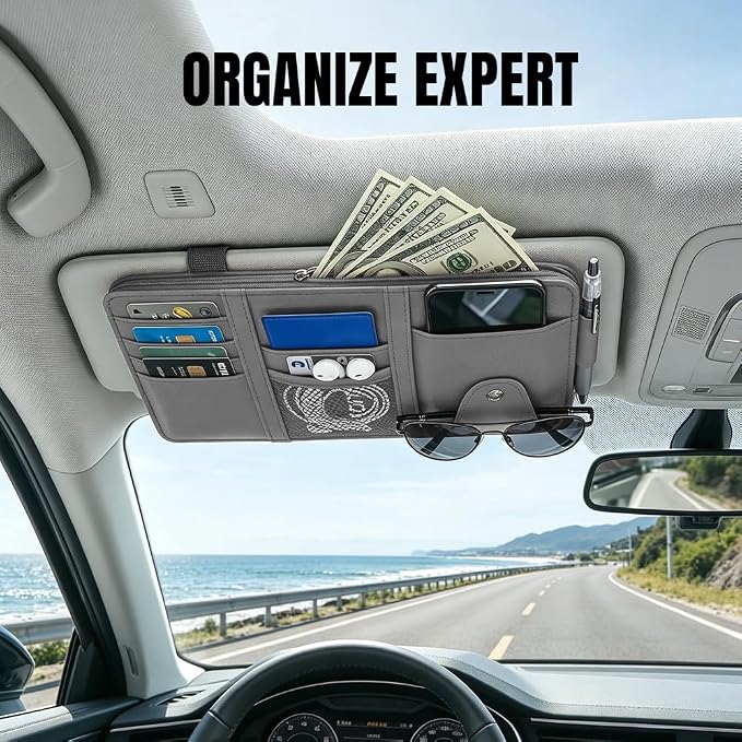 Car Sun Visor Organizer, Truck Visor Organizer, Leather Multi-Pocket Auto Visor Storage Pocket Pouch Holder with Zipper, Auto Accessories Storage Bag for Driving License Card Pen (Grey)