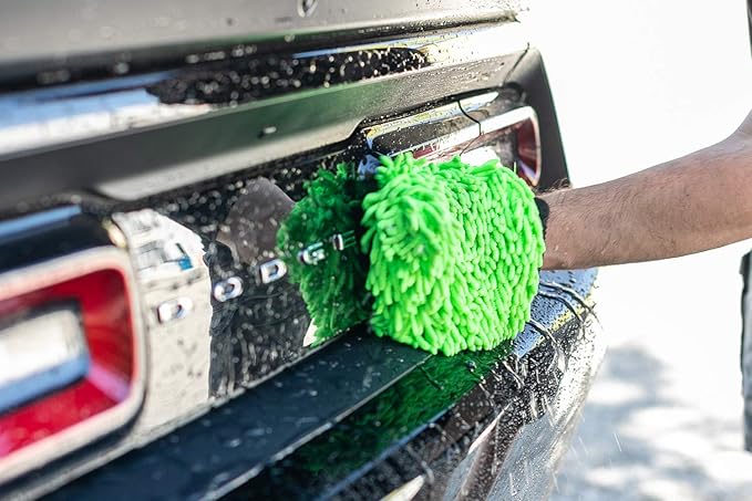 Premium Chenille Microfiber Knobby Wash Mitts - Perfect for Car Washing and Detailing; Scratch-Free, Lint-Free, Double-Sided, Plush, and Absorbent; Lime Green + Blue (2-Pack)