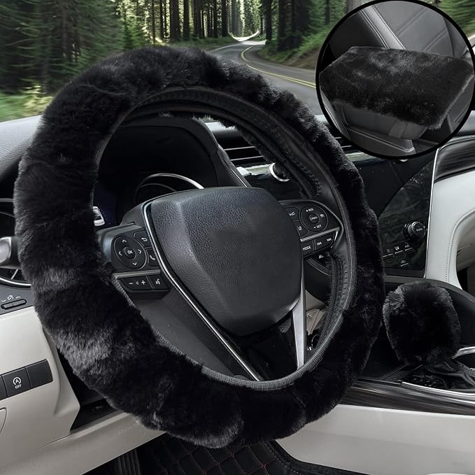 Furry Car Steering Wheel Cover with Fluffy Gear Shift Cover and Center Console Cover, Soft Warm Plush Non-Slip, 14 1/2-15 inch, for Women Girls 3 PCS Set, Black