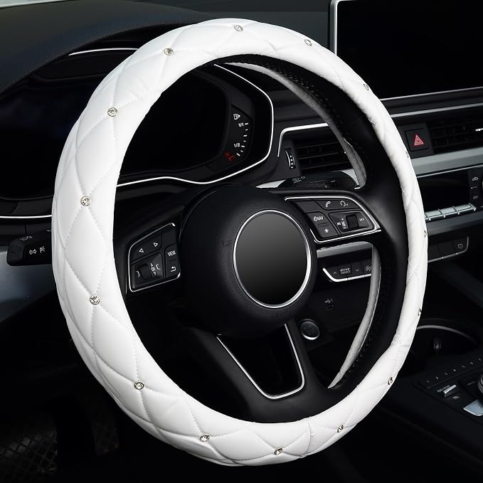 Diamond Soft Leather Steering Wheel Cover with Bling Bling Crystal Rhinestones, Universal 15 inch, Pure White