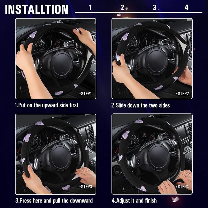 Purple Embroidery Butterfly Steering Wheel Cover, Universal 15 Inch Car Wheel Cover for Women Girls, Fit for Suvs,Small Trucks,Sedans,Cars (Black and Purple)