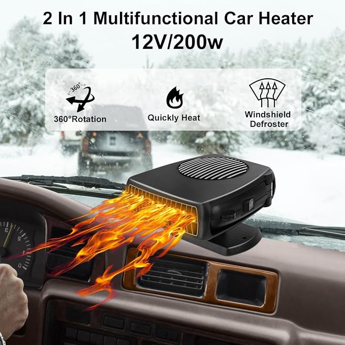 Car Heater, 200W 12V Portable Windshield Defogger and Defroster，2 in 1 Modes Fast Heating &Cooling Fanswith Cigarette Lighter Plug 360 Degree Rotary Base（Black）