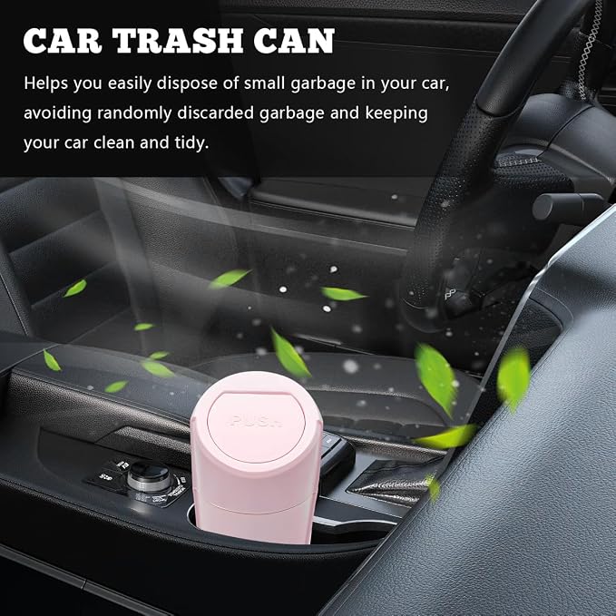 Car Trash Can Bin with Lid, Mini Vehicle Cup Holder Organizer Leakproof Garbage Bin, Waterproof Cup Type Trash Can Multi-Function Storage Container for RV Home Office (Pink)