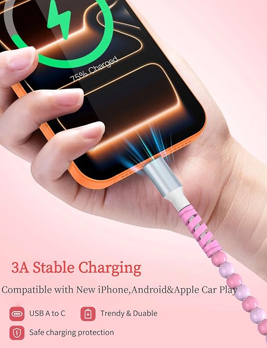 USB A to USB C Cable 3FT,Beaded Charger Cord for iPhone 17 16 Pro Max 15 for Carplay,Type C Cute Car Charger Cord for iPad 10 11th A16/Samsung S26 S25 S24 S23/Pixel/Android Phone Girls Women,Link-Pink