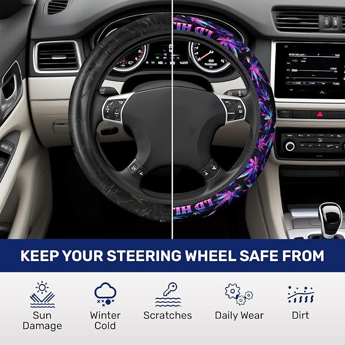 Purple Botanical Leaf Steering Wheel Cover, Polyester Car Wheel Grip, Universal 15 Inch for Cars SUVs Trucks