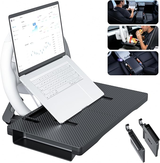 2-in-1 Car Steering Wheel Desk & Seat Gap Organizer Filler Tray | Foldable Adjustable Height Car Desk for Laptop Computer Tablet, Eating - Portable Table for Car Workstation Truck SUV Tesla