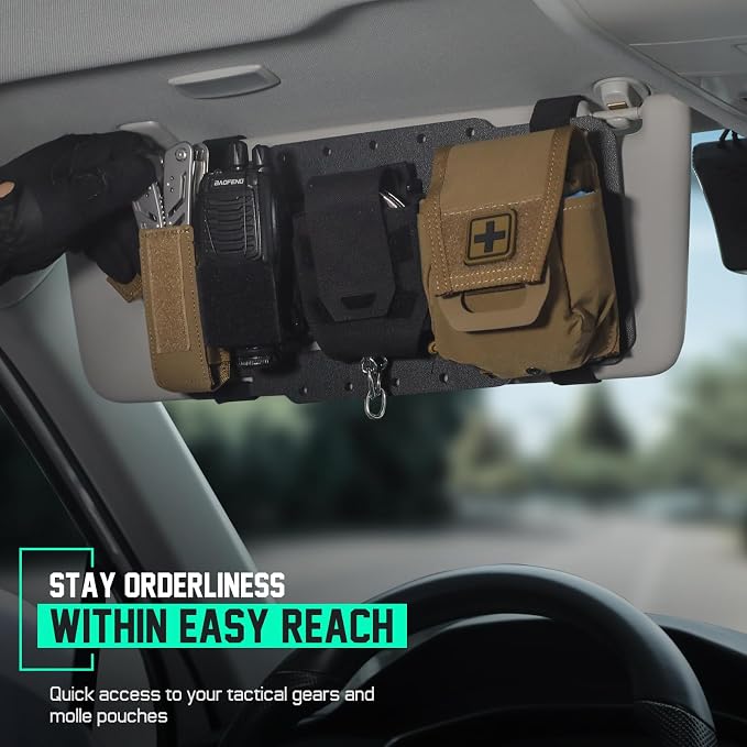 Car Sun Visor Organizer, Rigid Molle Panel Visor Accessories, Modular Vehicle Visor Holder for Tactical Gears and Molle Pouches, Fit Most Vehicles, SUVs, Jeeps, and Trucks