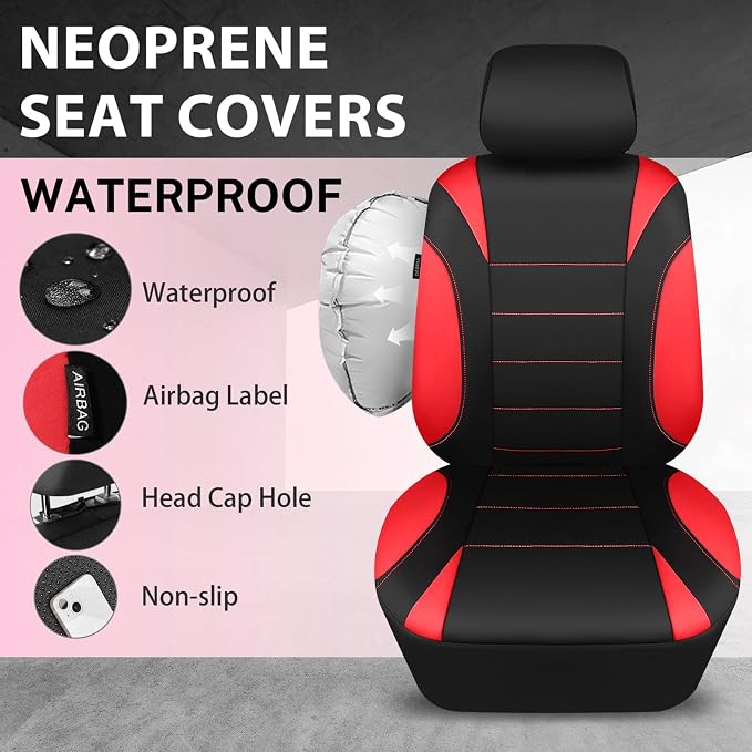Neoprene Wetsuit Seat Covers, Waterproof Car Seat Covers Front with 5mm Composite EVA, Universal Fit for Car,Sedan, SUV TrucksAnti Slip, Airbag Compatible(Black and Red