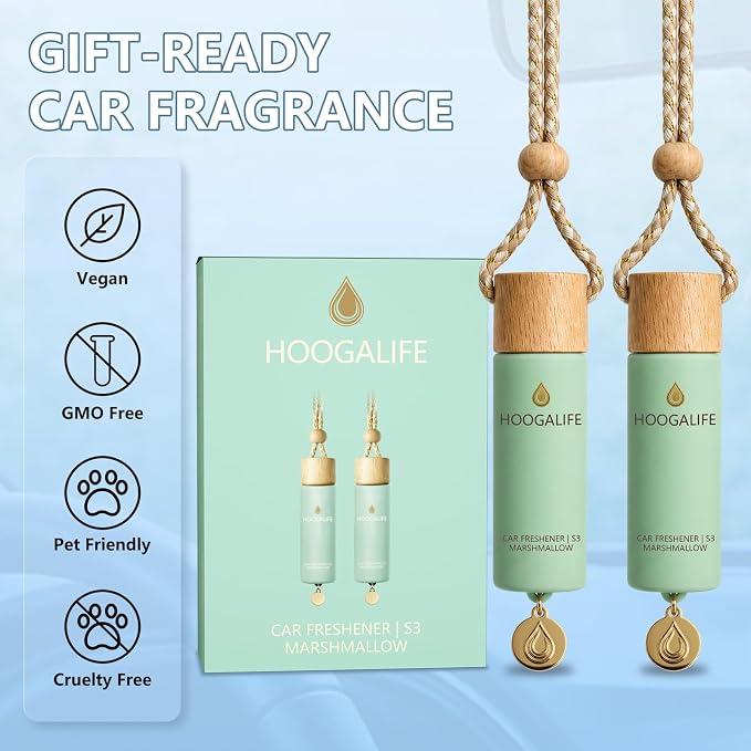 Car Air Freshener 2 Pack, Marshmallow Hanging Diffuser, 45+ Days Long Lasting Scent, Refillable Bottle, Odor Control for Auto Interior, Made in USA