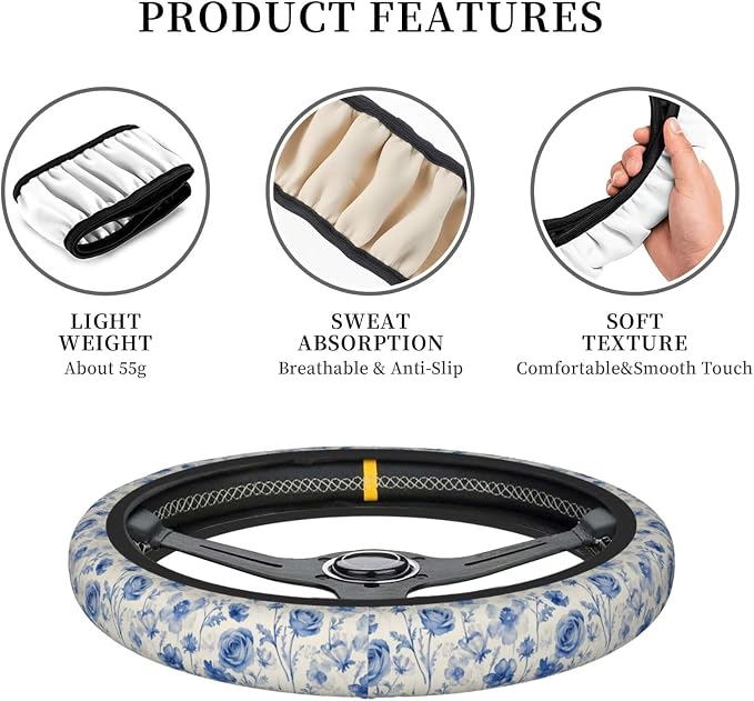 Blue Flower Steering Wheel Cover - Cute Vintage Blue Flower Steering Wheel Cover Flowers Cute Anti-Slip Universal Breathable 14-15-in 2 Car Cup Coasters for Men Women