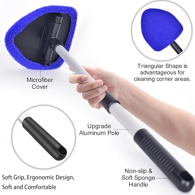 Windshield Cleaning Tool, Car Window Cleaner Windshield Cleaner with 4 Reusable and Washable Microfiber Pads and Extendable Handle Auto Inside Glass Wiper Kit (Dark Blue)