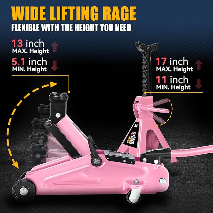 2 Ton Floor Jack with Jack Stands, Heavy Duty Steel Hydraulic Racing Floor Jack with Single Piston Quick Lift Pump, Hydraulic Trolley Service Car Jack, Pink