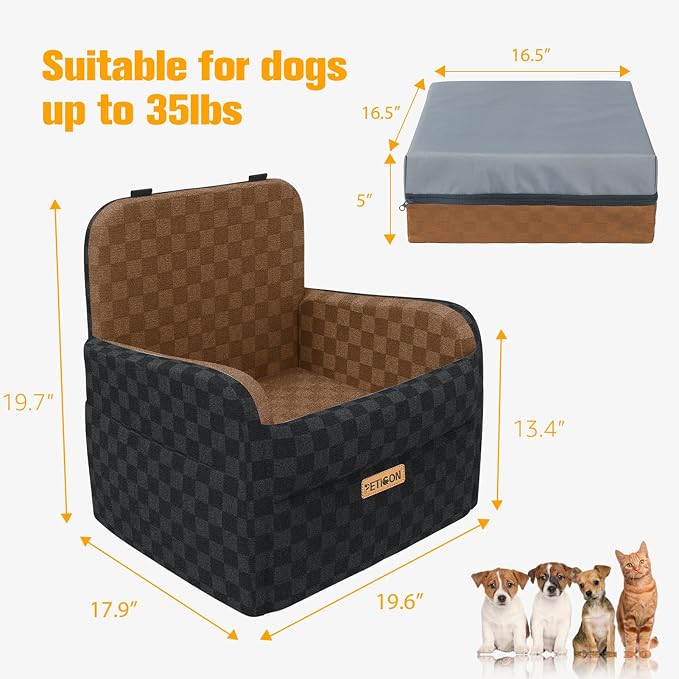 Waterproof Dog Car Seat for Small Medium Dogs, 5in Memory Foam Pet Booster Seat for Dogs up to 35 lbs with Pockets, Detachable Washable Pet Carseat with Y-Shape Safety Belt (Brown, Medium)
