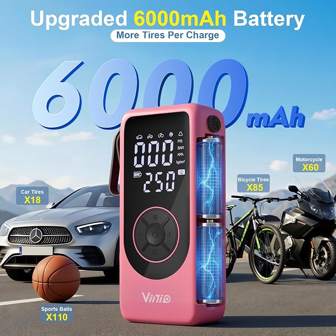 Tire Inflator Portable Air Compressor, 6000mAh Battery with Cigarette Lighter Adapter, 90W Fast Inflation, 6 Modes, Digital Display, Storage Bag & Handle, for Car Tires, Bike, Motorcycle, Ball