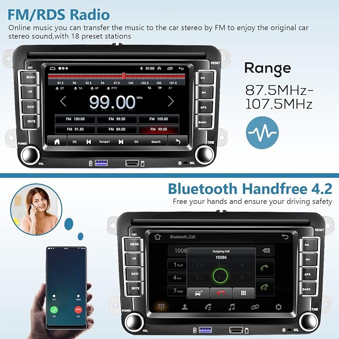2G+64G Android for VW Jetta Seat Passat Tiguan CC Golf Skoda Double Din Car Stereo with Wireless Carplay/Android Auto 7 Inch HD Touchscreen Head Unit