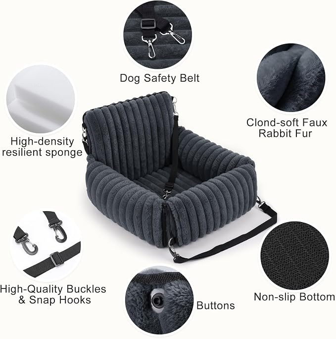 Dog Car Seat for Small/Medium Dogs up to 25 lbs, Multi-Functional Dog Carrier for Car with Detachable Washable Cover, Pet Travel Bed with Clip-On Safety Leash, Grey