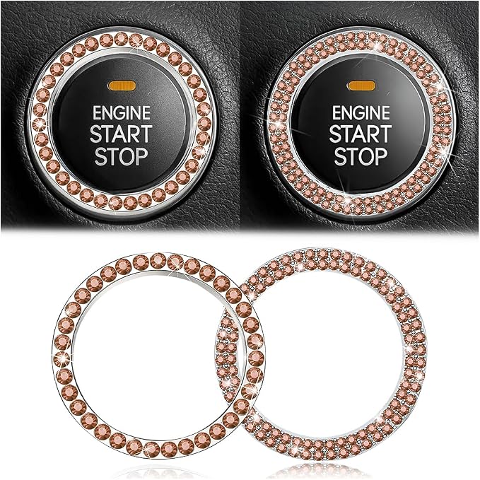 Bling Car Engine Start Ring Decals, 2PCS Crystal Rhinestone Vehicle Push Start Button Cover Sticker, Key Ignition Knob Ring, Sparkling Automotive Interior Accessories (Set Honey Peach)