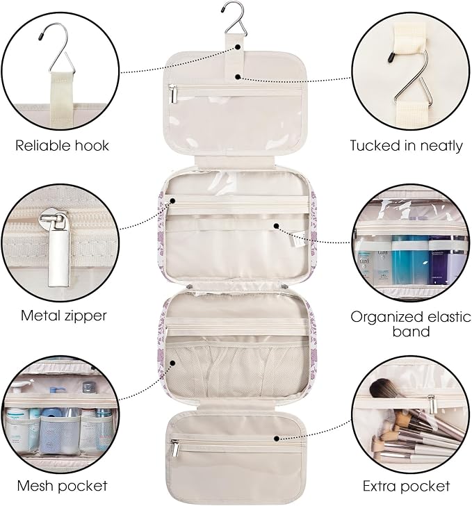 Travel Toiletry Bag for Women Large Hanging Makeup Bag Organizer Toiletries Bag for Full Size Essentials Accessories Cosmetics (Dusty Pink Flower (Large))
