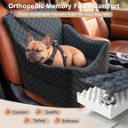 Elevated Dog Car Seat for Small/Medium Dogs up to 35 lbs, Memory Foam Booster Seat with Detachable Washable Cover, Travel-Safe Car Bed with Safety Belts & Storage Pockets, Dark Grey
