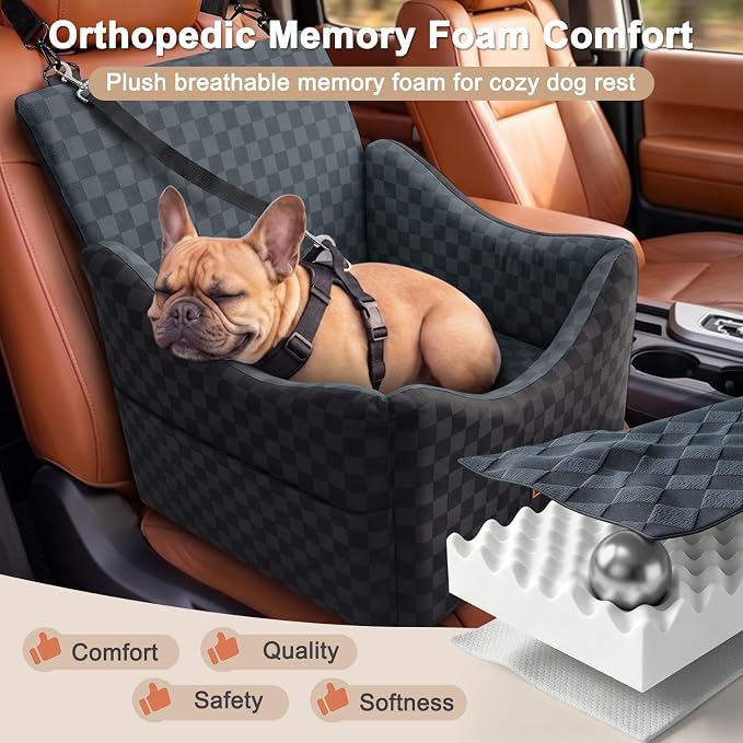 Elevated Dog Car Seat for Small/Medium Dogs up to 35 lbs, Memory Foam Booster Seat with Detachable Washable Cover, Travel-Safe Car Bed with Safety Belts & Storage Pockets, Dark Grey
