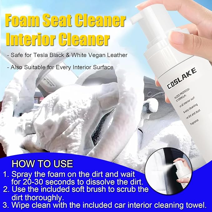 9PCS Interior Cleaner Kit for Tesla Model Y/3/S/X Accessories | Foam Seat Cleaner Safe for Tesla Black & White Vegan Leather, Car Detailing Kit with Screen Cleaner, Plastic Restorer