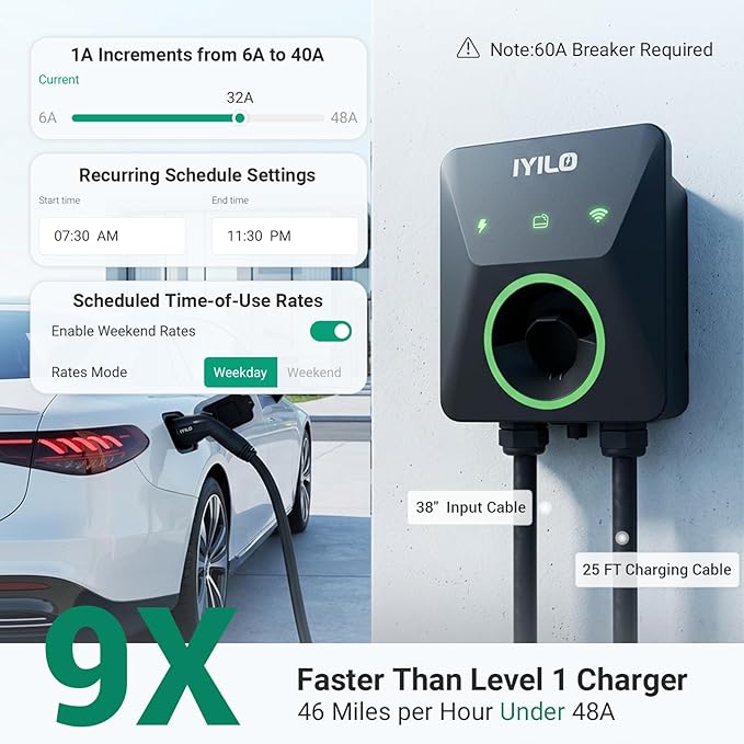 Level 2 EV Charger, 48Amp/11.5KW, J1772 Wall Electric Car Charger with Dual Temp Sensors(Exclusive), Wi-Fi(2.4 GHz), RFID, Smart App-Scheduled Charging, Hardwired, 240V, UL, ETL & Energy Star