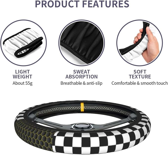 Black White Checkered Steering Wheel Cover Racing Flag Steering Wheel Protector Neoprene 15Inch Car Accessories 2 Pcs Car Coasters for Women Men