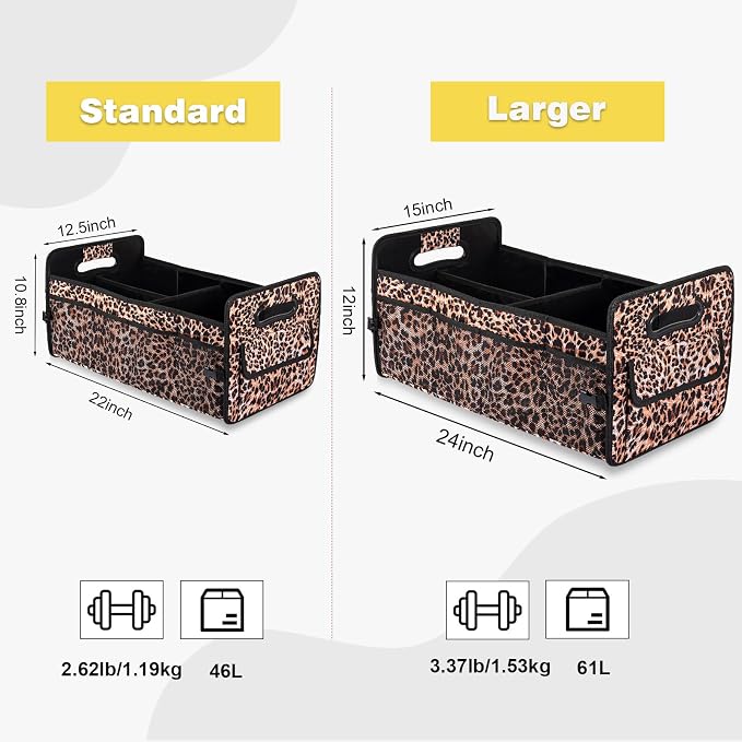 Car Trunk Organizers and Storage Collapsible Multi Compartment Container Box, Adjustable Car Accessories for SUV Sedan Truck, Large Size, Leopard Print