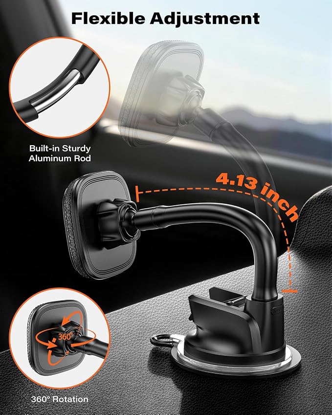 Phone Holder for Car, Dashboard Windshield Phone Holder Mount with Flexible Arm & Built-in Strong Magnets, Suction Cup Phone Holder for Car Compatible with MagSafe