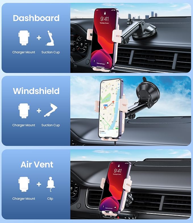 Wireless Car Charger, 15W Fast Charging Auto-Clamping Car Mount Hands-Free Car Charger Mount for Dash Windshield Air Vent Compatible with iPhone 16 15/14/13/12, Samsung S23/S22/S21 Pink