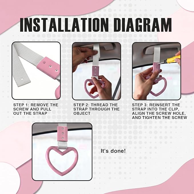 2PCS Heart Shaped Car Handle Straps, Rear Bumper Warning Keychain Ring for Car Exterior Accessories (Pink-Silver)