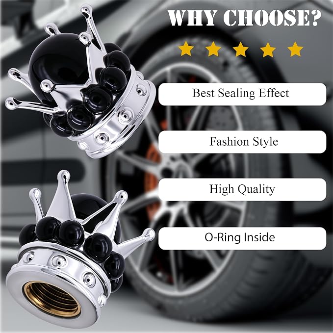 4PCS Crown Bling Tire Stem Valve Caps, Crystal Diamond Tire Air Cap Set Universal Copper Core Stem Covers for Cars, SUV, Trucks, Bikes, Motorcycles, Bicycles (Silver & Black)