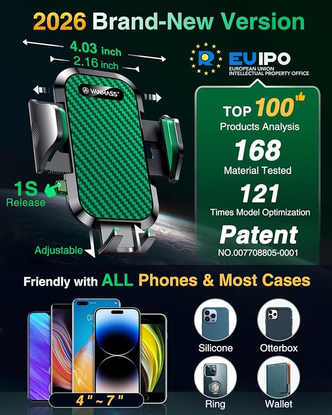 Phone Holders for Your Car Ultimate Military-Grade Car Phone Holder Mount【Patent & Safety Certs】 Upgraded Shockproof Truck Air Vent Phone Mount for iPhone 17 Pro Max 16 Samsung Android,Green