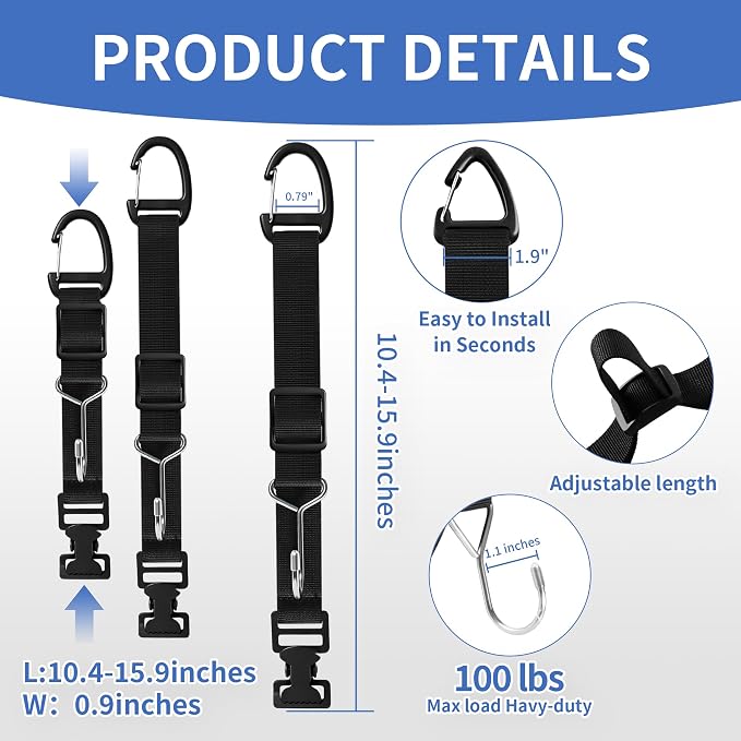 Purse Hook for Car, Adjustable Headrest Hooks & Hat Clip (4 Pack) | 100 LBS Heavy Duty | Metal Construction | Anti-Slip Clip | Tool-Free Install | All Vehicle Fit | Drivers Crews Families