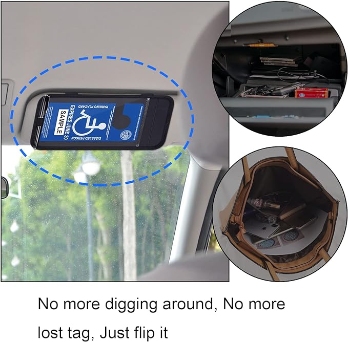 Handicap Placard Holder for Auto, Disabled Parking Permit Sign Protector for Car Sun Visor with Note Paper Slot, Pen Holder and Elastic Strap - Black