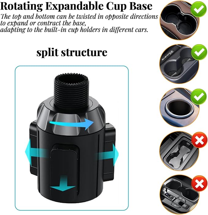 3-in-1 Car Cup Holder Expander with Adjustable Phone Mount – Universal Spill-Proof Bottle Holder & 360° Rotating Phone Stand for Large Drinks and Smartphones up to 4.1 Inches